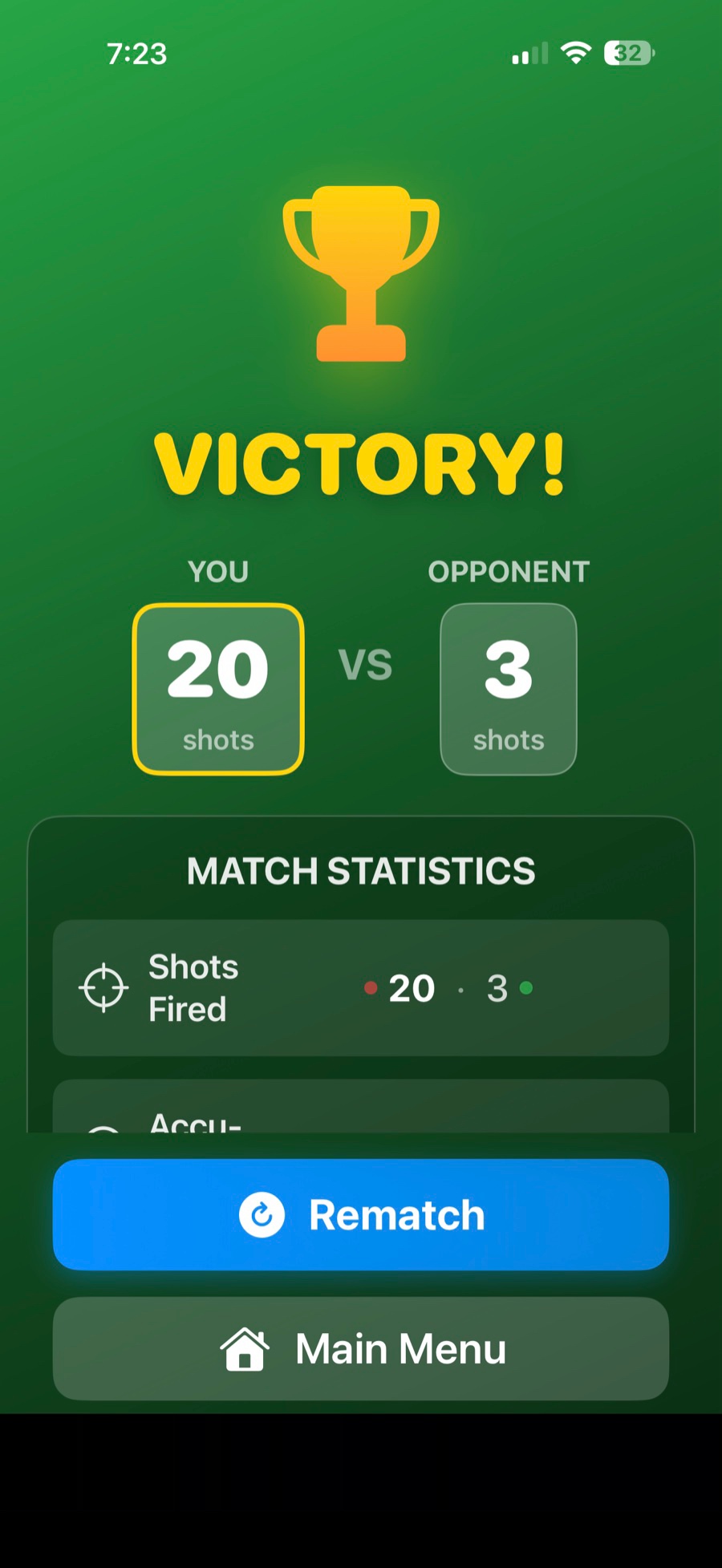 Victory screen with match statistics